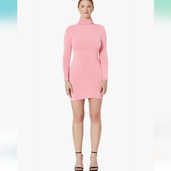 NWT Sexy Ribbed Pink Mockneck Long Sleeve Dress - Picture 2 of 4